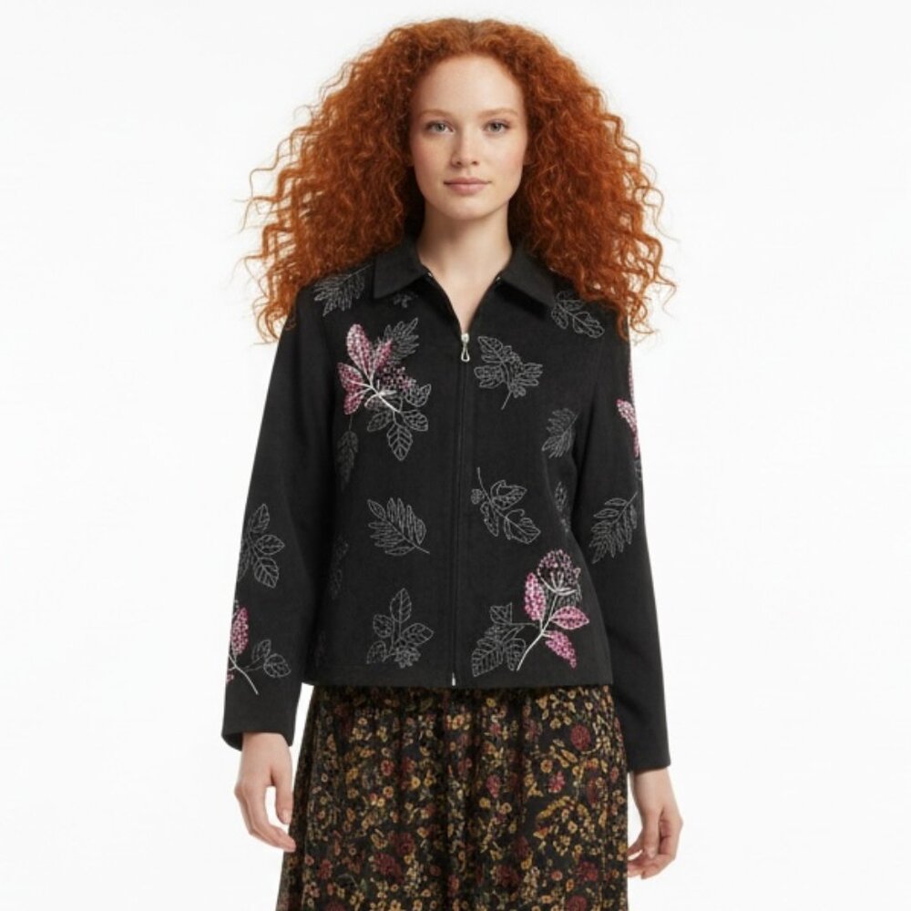 TANJAY Zippered Collared Floral Embroidered Suede Feel Jacket Size 6P